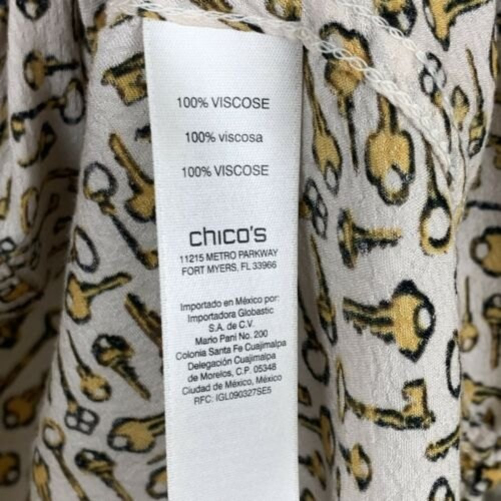 Chico’s 2 Large Novelty Print Keys Long Sleeve Collared Button Up Blouse Yellow - Picture 8 of 12